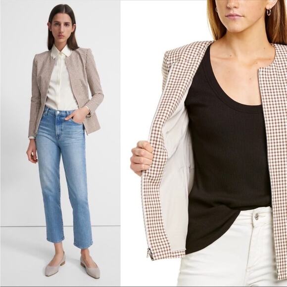 Theory Sculpture Grid Stretch Printed Zip Jacket Ivory Multi Tan NWT 00 Designer - Picture 6 of 16